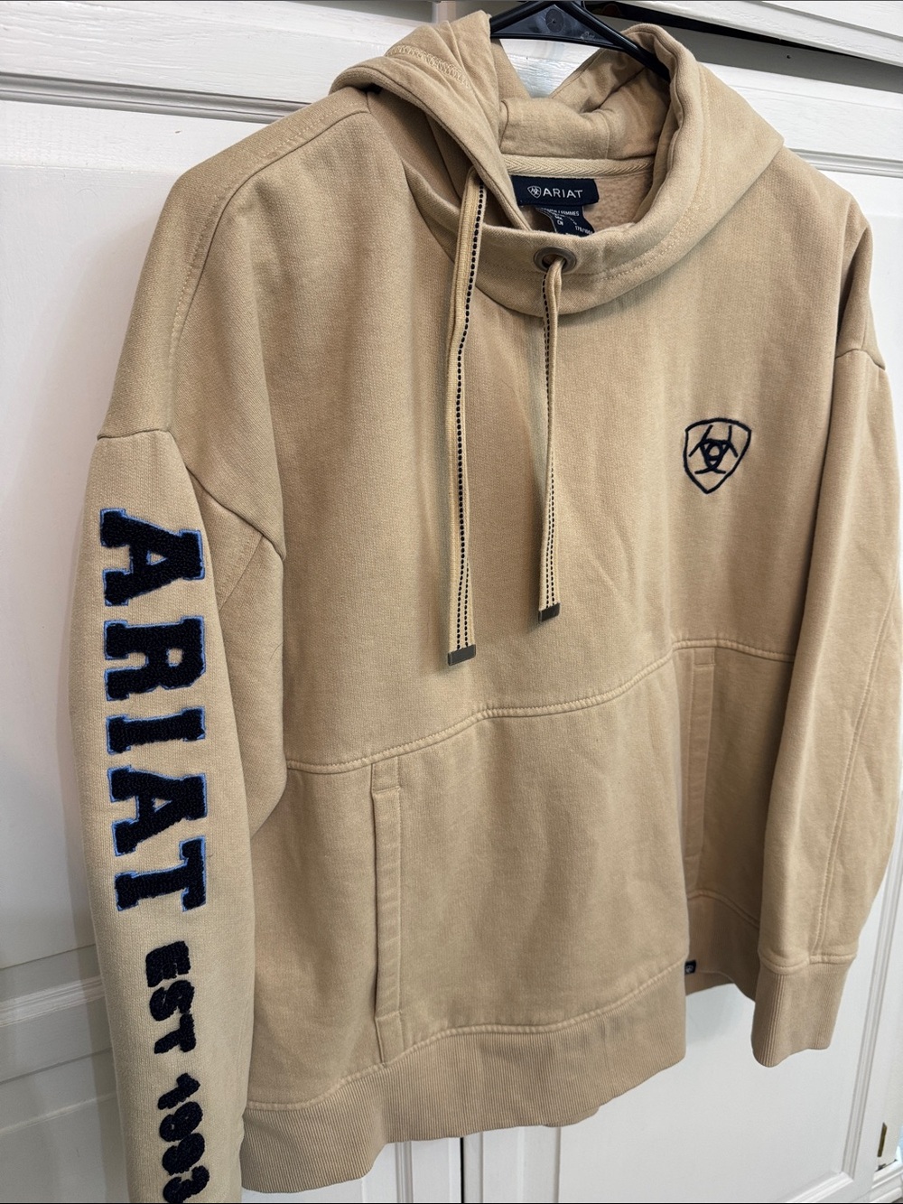 Ariat Tan Pullover Hoodie with Navy Logos. Equestrian western. Size L - Picture 3 of 6